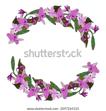 Wedding invitation, birthday, social media banner, composition with space for your text. The work consists of two semicircles of orchid flowers with leaves.