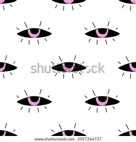 All-seeing or third eye, esoteric, indigo, magic vision contemporary seamless pattern. Black-pink mystical creature's eyes. Hand-drawn modern illustration for textile, wallpaper, wrapping paper etc