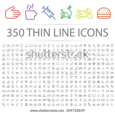 Set of 350 Minimal Modern Thin Stroke Black Icons (Multimedia, Business, Ecology, Education, Family, Medical, Fitness, Shopping, Construction, Travel, Hotel ) on White Background. Royalty-Free Stock Photo #209726839