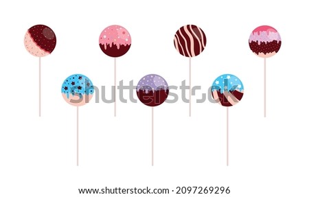 Cake pops set. Vector illustration in cartoon style. Various lollipops with icing isolated on white backdrop