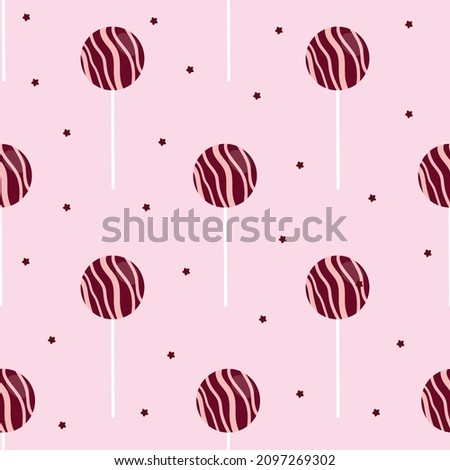 Chocolate cake pops. Vector seamless pattern in flat design. Striped mini cakes on pink starry backdrop