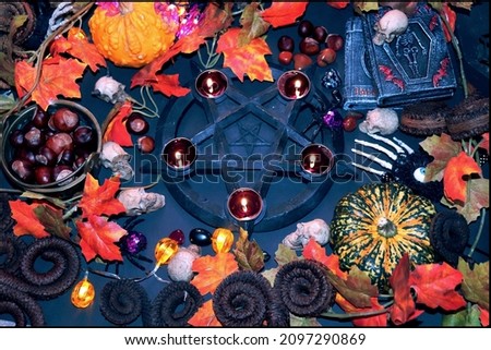 Beautiful and mystical Samhain altar or halloween decoration