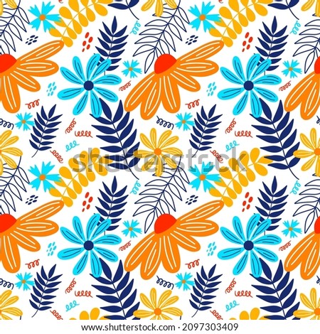 Vector hand drawn summer floral seamless pattern isolated on white background. Doodle leaves and flowers. Cartoon tropical background for wedding design, wrapping, textiles, ornate and greeting cards