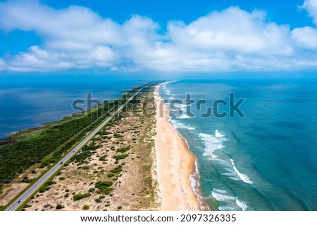 Aerial view of Hatteras Island looking North with route 12 in North Carolina Royalty-Free Stock Photo #2097326335