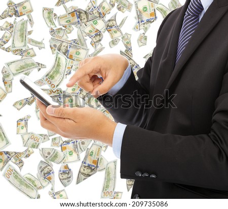 business man touching smart phone with money rain 