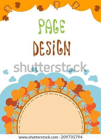 Autumn trees on a hill. Cute stitched hand made frame on white background. Cartoon vector page design. 
