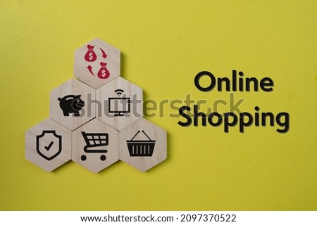 Wooden hexagon with internet online shopping symbols