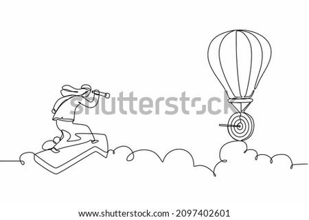Single continuous line drawing Arabian businessman ride arrow symbol, flying, and using monocular to see business vision on hot air balloon. Professional manager. One line draw graphic design vector