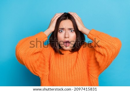 Portrait of attractive overwhelmed desperate girl bad news reaction fail isolated over bright blue color background Royalty-Free Stock Photo #2097415831