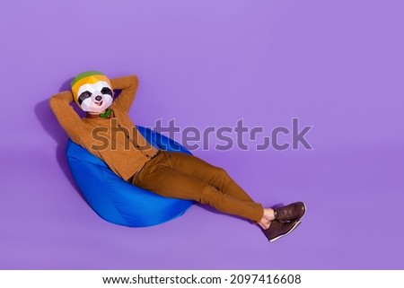 Top above high angle view full size photo of young man sit chair arms behind head dream isolated over purple color background