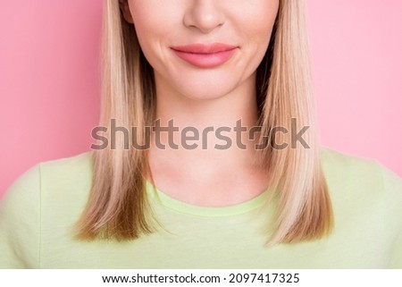 Cropped photo of charming lady lips botox injection advertisement wear green t-shirt isolated on pink background