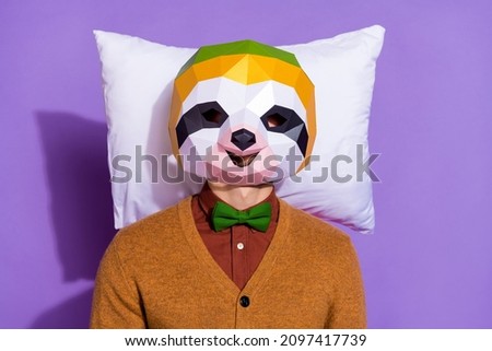 Top above high angle view photo of young guy awakening early sleepy isolated over purple color background