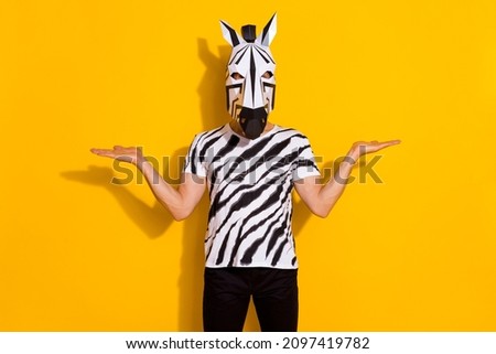 Photo of bizarre authentic zebra character guy hold hand demonstrate sale discount isolated over shine yellow color background
