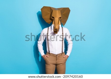 Photo of confident charming guy dressed strange animal mask arms hands pockets isolated blue color background
