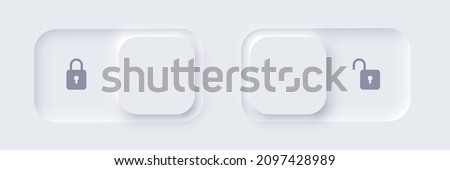 Neumorphic lock and unlock slide buttons set vector illustration. User web interface elements with shadow in Neumorphism minimal elegant design, open and closed padlock on sliders of website menu Royalty-Free Stock Photo #2097428989