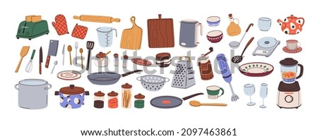 Kitchenware set. Kitchen utensils, tools, equipment and cutlery for cooking. Cook appliances and accessories collection. Flat vector illustrations of cookware objects isolated on white background Royalty-Free Stock Photo #2097463861