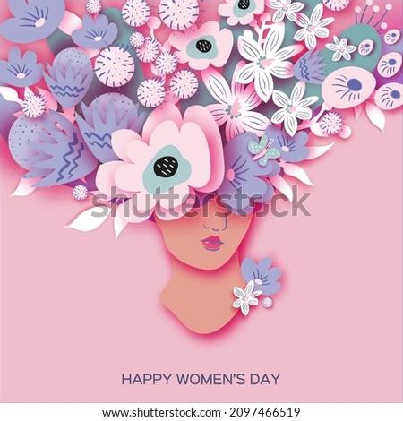 Beautiful female face. Floral vase woman. Flower bouquet. Happy Women's day. Happy Mother's Day. Venera, Venus female concept paper cut style. Bodypositive. 8 March. Pink. White. Very peri Royalty-Free Stock Photo #2097466519
