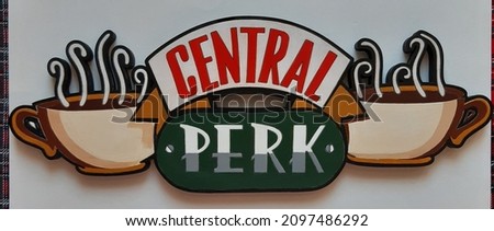 Artwork central perk pattern background plaque letters words form wooden card signboard sign board illustration art colourful banner emblem design icon Royalty-Free Stock Photo #2097486292