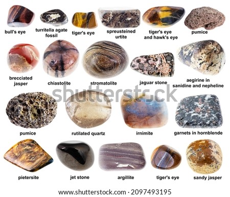 set of various tumbled brown rocks with names cutout on white background