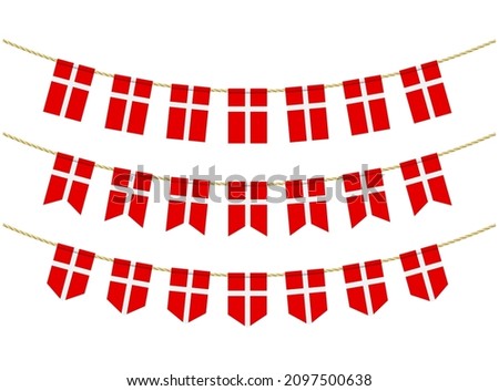 Denmark flag on the ropes on white background. Set of Patriotic bunting flags. Bunting decoration of Denmark flag Royalty-Free Stock Photo #2097500638