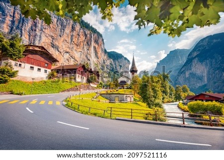 Wonderful summer view of Lauterbrunnen village. Amazing morning scene of Swiss Alps, Bernese Oberland in the canton of Bern, Switzerland, Europe. Traveling concept background.
