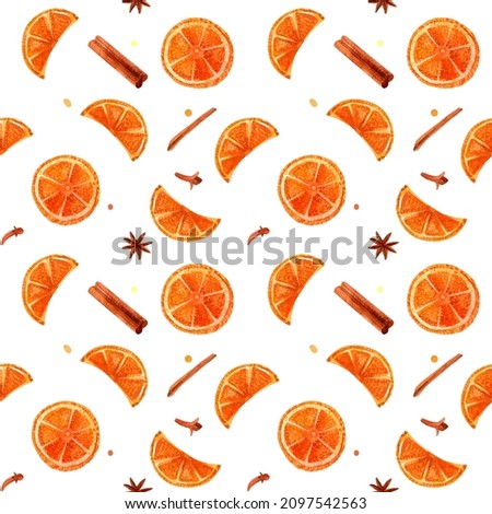 Watercolor colored seamless pattern with orange slices and spices. Illustration on a white background for packaging and fabric. Endless vegetarian background. A set for mulled wine