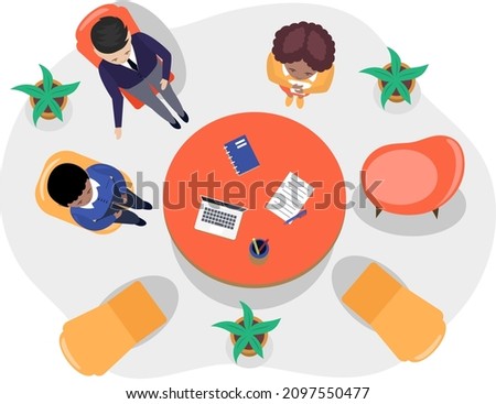 Business office connection working concept. Businessmen communicating talking about project strategy. People having board meeting with presentation, business brainstorming of startup, top view