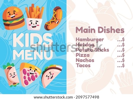 kids menu template of children restaurant meals list of food template design with illustration of burger hot dog french fries and pizza