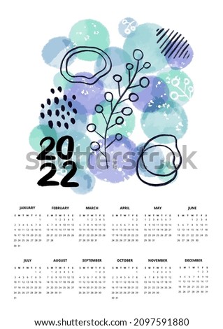 2022 One Page Blue Calendar. Vector Illustration of Modern Hand Drawn Sketch.