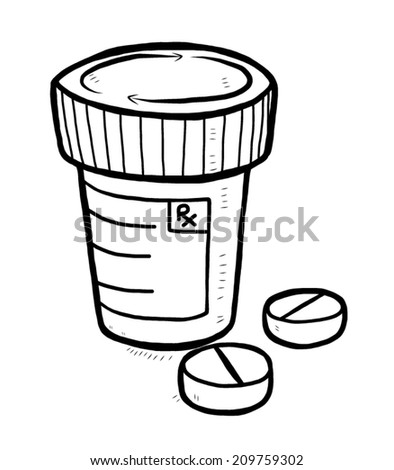 drug bottle and tablets / cartoon vector and illustration, black and white, hand drawn, sketch style, isolated on white background.