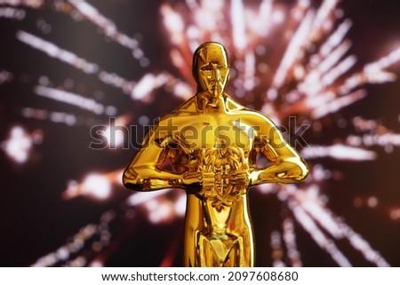 Hollywood Golden Oscar Academy award statue and fireworks. Success and victory concept