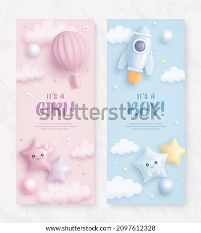 Set of baby shower vertical banner with cartoon rocket and hot air balloon on blue and pink background. It's a boy. It's a girl. Vector illustration Royalty-Free Stock Photo #2097612328
