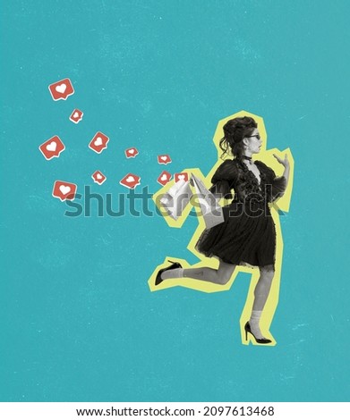 Young beautiful girl wearing little black dress going shopping isolated on blue background. Contemporary art collage. Like icons. Concept of art, creativity, inspiration, magazine style and ad