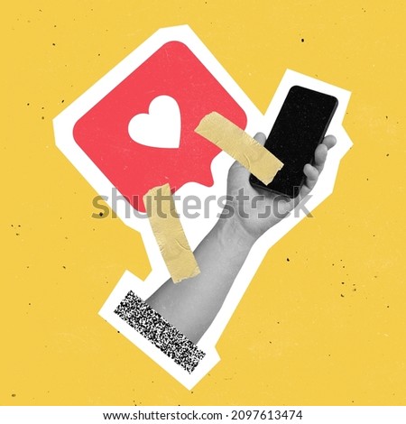 Human and social networks glued with finger tape. Contemporary art collage. Inspiration, idea, magazine style. Art, beauty, style, surrealism. Objects, things as an integral part of single whole Royalty-Free Stock Photo #2097613474
