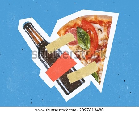 Beer and snacks, pizza glued with finger tape. Contemporary art collage. Inspiration, idea, magazine style. Art, beauty, style, surrealism. Objects, things as an integral part of single whole concept