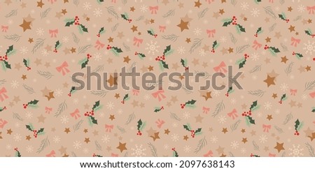 Seamless new year pattern. Merry christmas and New Year cards. Christmas background, illustration of a festive decorations bows, stars, snowflakes, mistletoe, tree, flat vector illustration.