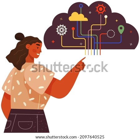 Thinking, mental mindset types or creative models to solve problem. Lady points to thoughts in shape of cloud. Woman working with developing creative thinking to deal with problems, find solutions