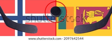 Top view hockey puck with Norway vs. Sri Lanka command with the sticks on the flag. Concept hockey competitions