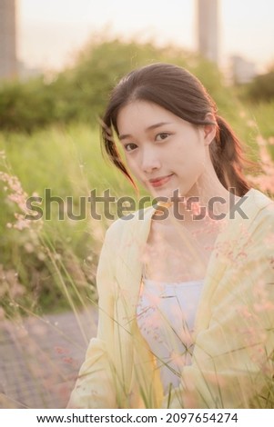 asia thai teen yellow t-shirt beautiful girl smile and relax
