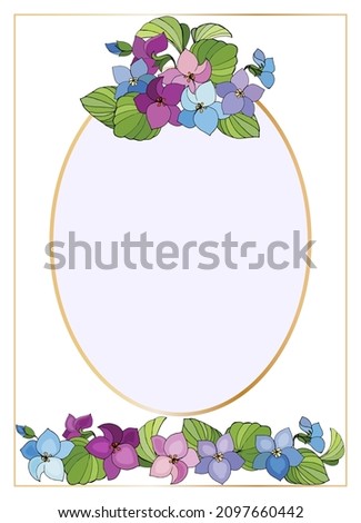 Gold oval frame with bouquets of violet flowers. Vintage lilac background template, copy space for festive gift label design, invitations, greetings, postcards, announcements, scrapbooks. 
