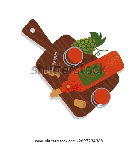 Wine abstract still life concept. top view Template for a drink card. Flat vector illustrations related to wine, wine bottle and corcscrew. Can be use for restaurants menu, cover, packaging.