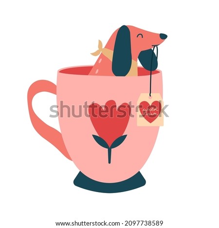 Valentines Day illustration of cute dog sitting in tea cup with label "with love".Vector flat creative cartoon clip art for design greeting card,birthday card, banner.