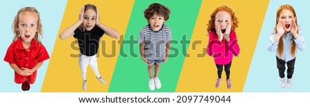 Little models. Collage of portraits of beautiful children making faces, posing isolated over multicolored background. Concept of family, child, motherhood, youth. Copy space for ad