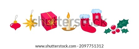 Christmas and New Year related objects horisontal composition. Vector illustration isolated on white.