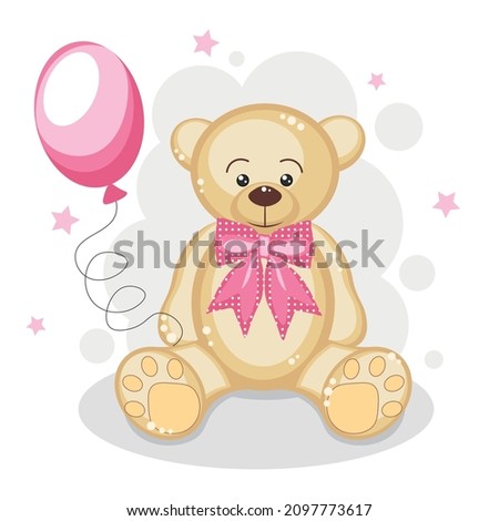 Cute bear with pink balloon and stars. Background for posters, invitation, postcard, greeting card, labels, baby shower,  wallpapers, textiles, papers, fabrics, web pages.