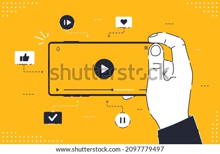  Mobile streaming, cinema, movies, education, live podcast, mobile video, TV concept banner. Modern frameless smartphone with video player on screen. Royalty-Free Stock Photo #2097779497