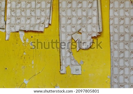 Soviet era weathered wallpaper is peeling away from the bright yellow wall of an abandoned house in Viivikonna, which is a former mining town in Estonia quite close to the Russian border