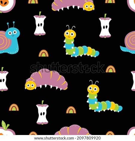 seamless pattern with insects isolated on dark background, wallpaper of worms, snails, caterpillars, apples and rainbows