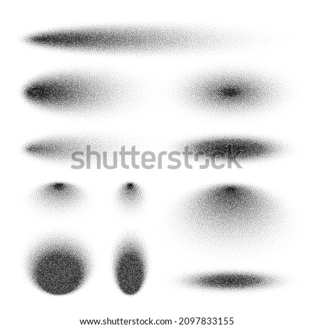 Stipple shadows set, dotted design elements. Fading gradient. Stippling, dotwork drawing, shading using dots. Pixel disintegration, halftone effect. White noise grainy texture. Vector illustration
