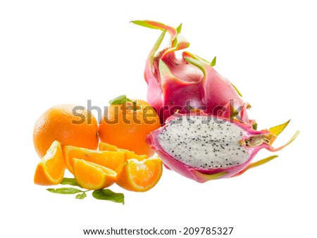 fresh Dragon Fruit and orange fruit isolated on white background